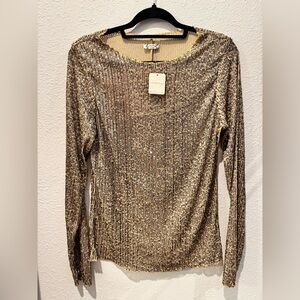 FREE PEOPLE gold sequin long sleeve top